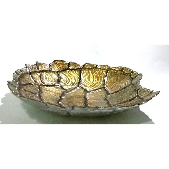 Turtle Tortoise Glass Shell Serving Bowl Platter Silver Green Gold 13 Inch
